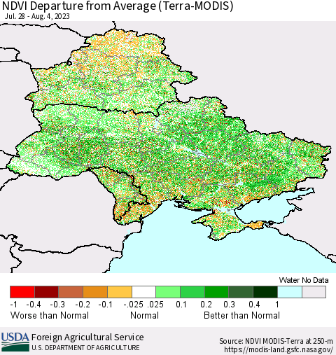 Ukraine, Moldova and Belarus NDVI Departure from Average (Terra-MODIS) Thematic Map For 8/1/2023 - 8/10/2023
