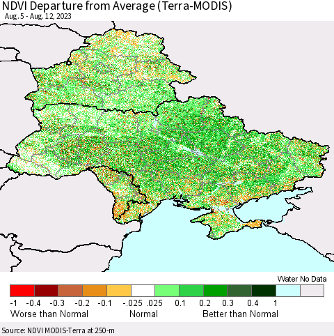 Ukraine, Moldova and Belarus NDVI Departure from Average (Terra-MODIS) Thematic Map For 8/5/2023 - 8/12/2023