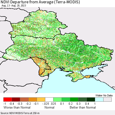 Ukraine, Moldova and Belarus NDVI Departure from Average (Terra-MODIS) Thematic Map For 8/13/2023 - 8/20/2023