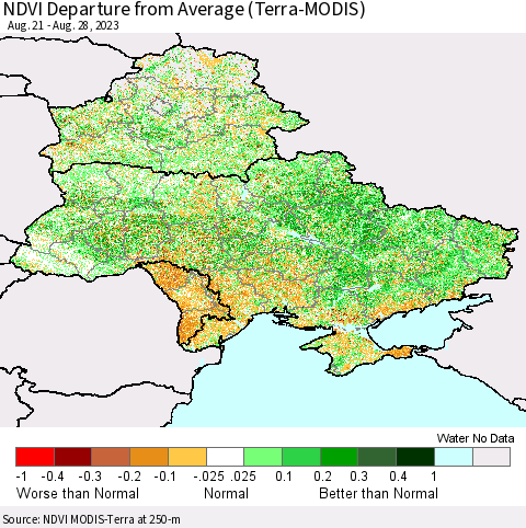 Ukraine, Moldova and Belarus NDVI Departure from Average (Terra-MODIS) Thematic Map For 8/21/2023 - 8/28/2023