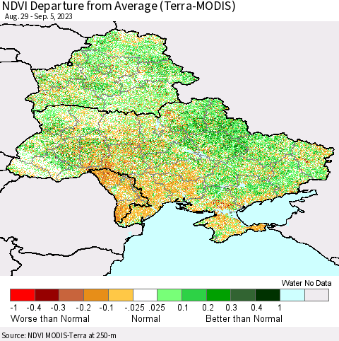 Ukraine, Moldova and Belarus NDVI Departure from Average (Terra-MODIS) Thematic Map For 8/29/2023 - 9/5/2023