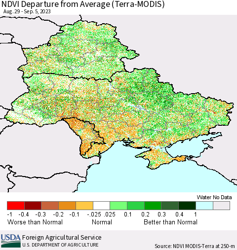 Ukraine, Moldova and Belarus NDVI Departure from Average (Terra-MODIS) Thematic Map For 9/1/2023 - 9/10/2023