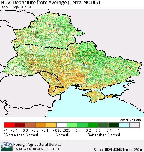 Ukraine, Moldova and Belarus NDVI Departure from Average (Terra-MODIS) Thematic Map For 9/11/2023 - 9/20/2023