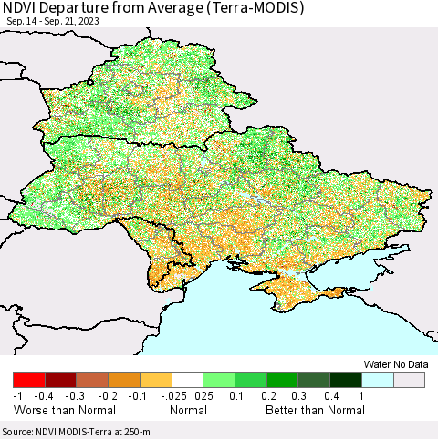 Ukraine, Moldova and Belarus NDVI Departure from Average (Terra-MODIS) Thematic Map For 9/14/2023 - 9/21/2023