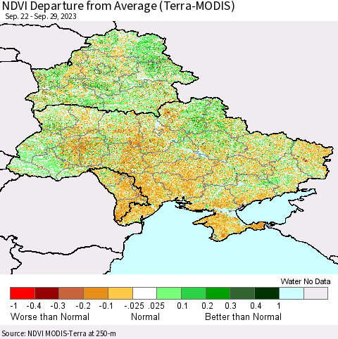 Ukraine, Moldova and Belarus NDVI Departure from Average (Terra-MODIS) Thematic Map For 9/22/2023 - 9/29/2023