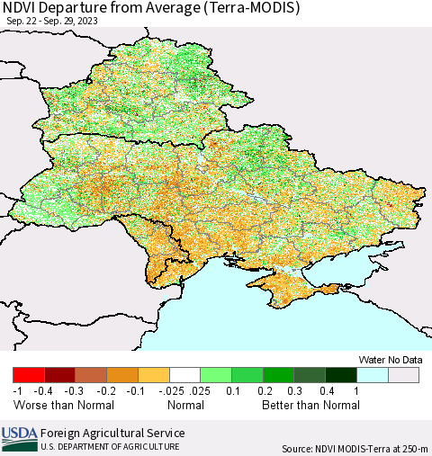 Ukraine, Moldova and Belarus NDVI Departure from Average (Terra-MODIS) Thematic Map For 9/21/2023 - 9/30/2023
