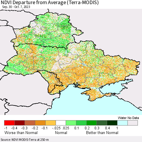 Ukraine, Moldova and Belarus NDVI Departure from Average (Terra-MODIS) Thematic Map For 9/30/2023 - 10/7/2023