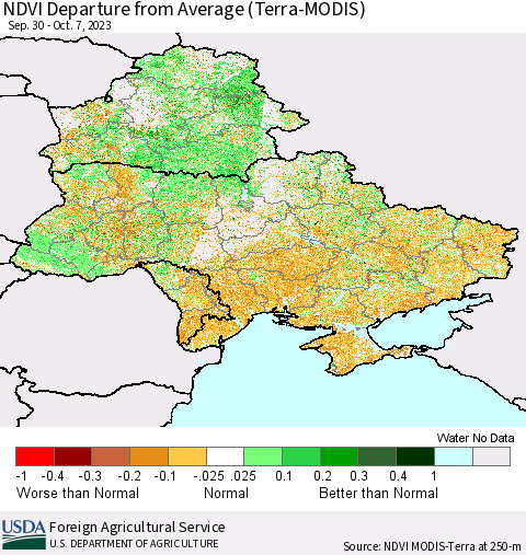 Ukraine, Moldova and Belarus NDVI Departure from Average (Terra-MODIS) Thematic Map For 10/1/2023 - 10/10/2023
