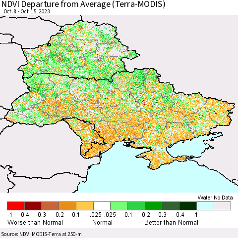 Ukraine, Moldova and Belarus NDVI Departure from Average (Terra-MODIS) Thematic Map For 10/8/2023 - 10/15/2023