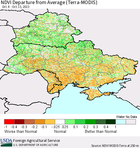 Ukraine, Moldova and Belarus NDVI Departure from Average (Terra-MODIS) Thematic Map For 10/11/2023 - 10/20/2023