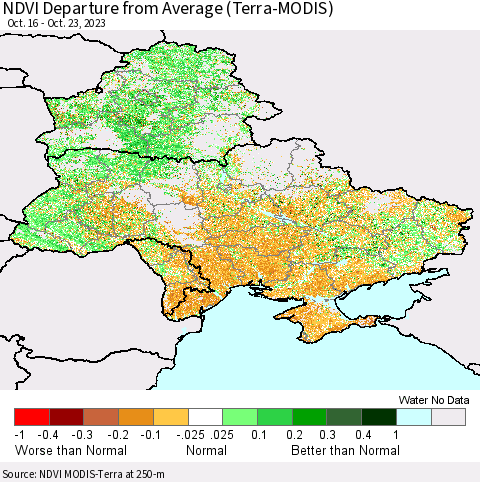 Ukraine, Moldova and Belarus NDVI Departure from Average (Terra-MODIS) Thematic Map For 10/16/2023 - 10/23/2023