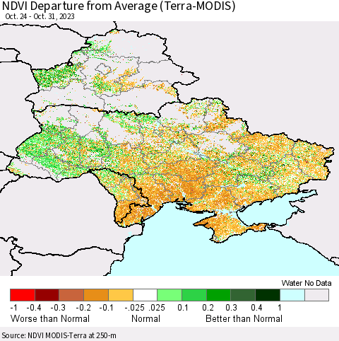 Ukraine, Moldova and Belarus NDVI Departure from Average (Terra-MODIS) Thematic Map For 10/21/2023 - 10/31/2023