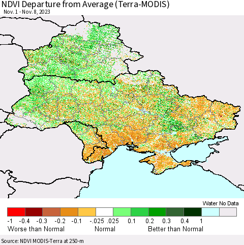 Ukraine, Moldova and Belarus NDVI Departure from Average (Terra-MODIS) Thematic Map For 11/1/2023 - 11/8/2023