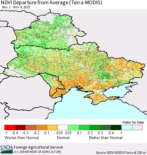 Ukraine, Moldova and Belarus NDVI Departure from Average (Terra-MODIS) Thematic Map For 11/1/2023 - 11/10/2023