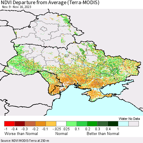 Ukraine, Moldova and Belarus NDVI Departure from Average (Terra-MODIS) Thematic Map For 11/9/2023 - 11/16/2023