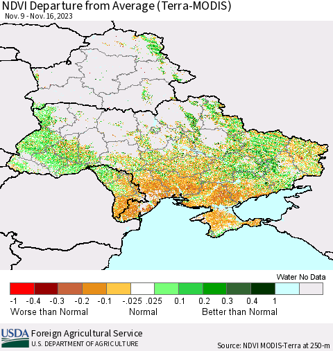 Ukraine, Moldova and Belarus NDVI Departure from Average (Terra-MODIS) Thematic Map For 11/11/2023 - 11/20/2023