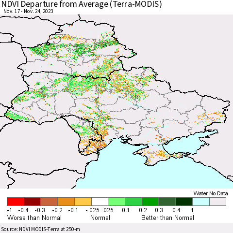 Ukraine, Moldova and Belarus NDVI Departure from Average (Terra-MODIS) Thematic Map For 11/17/2023 - 11/24/2023
