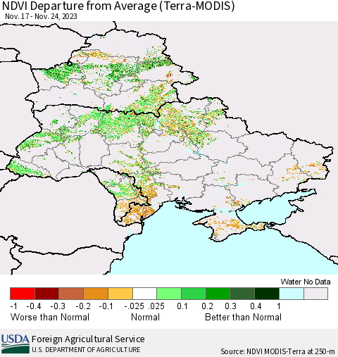 Ukraine, Moldova and Belarus NDVI Departure from Average (Terra-MODIS) Thematic Map For 11/21/2023 - 11/30/2023