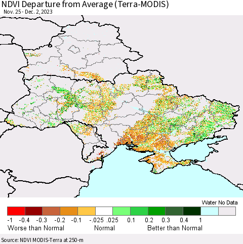Ukraine, Moldova and Belarus NDVI Departure from Average (Terra-MODIS) Thematic Map For 11/25/2023 - 12/2/2023