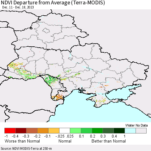 Ukraine, Moldova and Belarus NDVI Departure from Average (Terra-MODIS) Thematic Map For 12/11/2023 - 12/18/2023