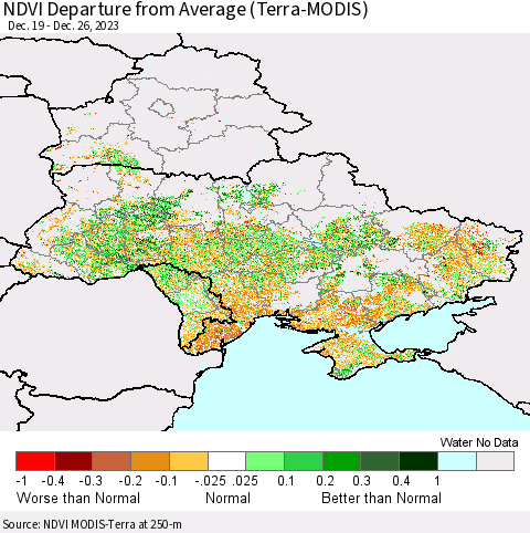 Ukraine, Moldova and Belarus NDVI Departure from Average (Terra-MODIS) Thematic Map For 12/19/2023 - 12/26/2023