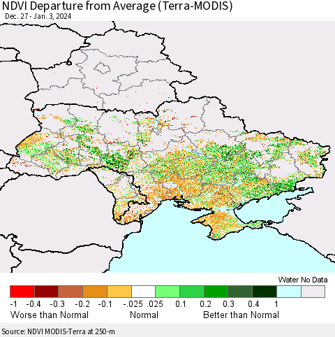 Ukraine, Moldova and Belarus NDVI Departure from Average (Terra-MODIS) Thematic Map For 12/27/2023 - 1/3/2024