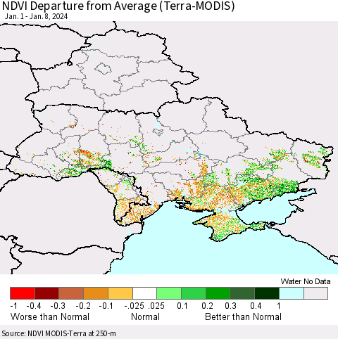 Ukraine, Moldova and Belarus NDVI Departure from Average (Terra-MODIS) Thematic Map For 1/1/2024 - 1/8/2024