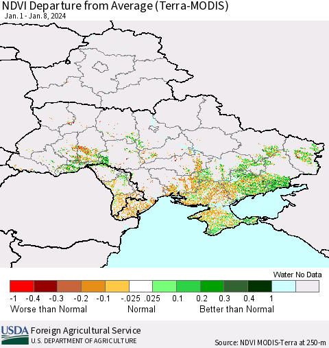 Ukraine, Moldova and Belarus NDVI Departure from Average (Terra-MODIS) Thematic Map For 1/1/2024 - 1/10/2024
