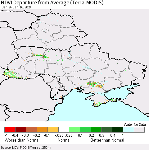 Ukraine, Moldova and Belarus NDVI Departure from Average (Terra-MODIS) Thematic Map For 1/9/2024 - 1/16/2024