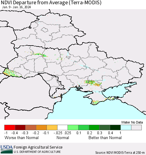 Ukraine, Moldova and Belarus NDVI Departure from Average (Terra-MODIS) Thematic Map For 1/11/2024 - 1/20/2024