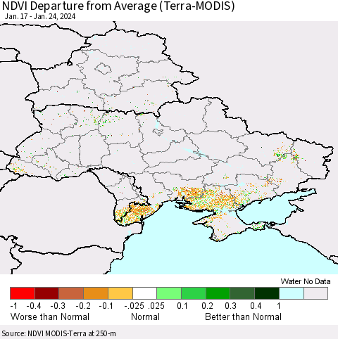 Ukraine, Moldova and Belarus NDVI Departure from Average (Terra-MODIS) Thematic Map For 1/17/2024 - 1/24/2024