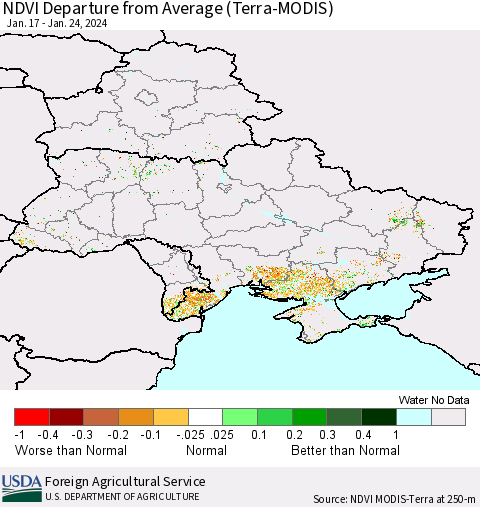 Ukraine, Moldova and Belarus NDVI Departure from Average (Terra-MODIS) Thematic Map For 1/21/2024 - 1/31/2024