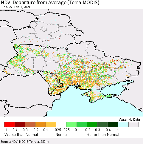 Ukraine, Moldova and Belarus NDVI Departure from Average (Terra-MODIS) Thematic Map For 1/25/2024 - 2/1/2024