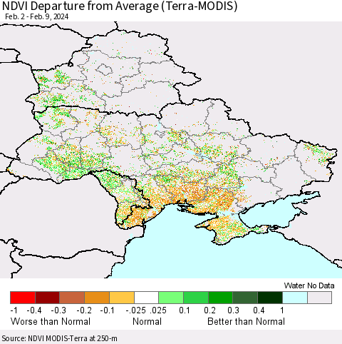 Ukraine, Moldova and Belarus NDVI Departure from Average (Terra-MODIS) Thematic Map For 2/2/2024 - 2/9/2024