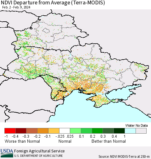 Ukraine, Moldova and Belarus NDVI Departure from Average (Terra-MODIS) Thematic Map For 2/1/2024 - 2/10/2024