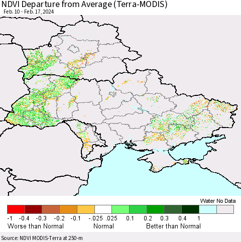 Ukraine, Moldova and Belarus NDVI Departure from Average (Terra-MODIS) Thematic Map For 2/10/2024 - 2/17/2024