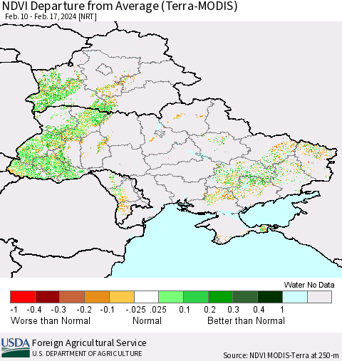 Ukraine, Moldova and Belarus NDVI Departure from Average (Terra-MODIS) Thematic Map For 2/11/2024 - 2/20/2024
