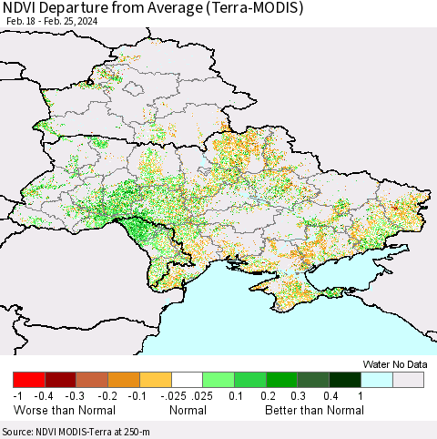 Ukraine, Moldova and Belarus NDVI Departure from Average (Terra-MODIS) Thematic Map For 2/18/2024 - 2/25/2024