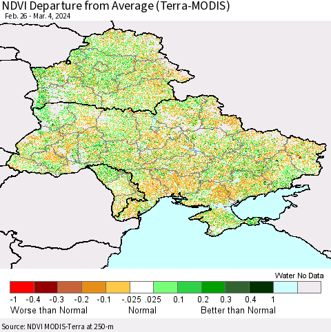 Ukraine, Moldova and Belarus NDVI Departure from Average (Terra-MODIS) Thematic Map For 2/26/2024 - 3/4/2024
