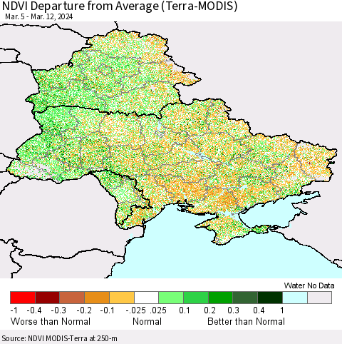 Ukraine, Moldova and Belarus NDVI Departure from Average (Terra-MODIS) Thematic Map For 3/5/2024 - 3/12/2024