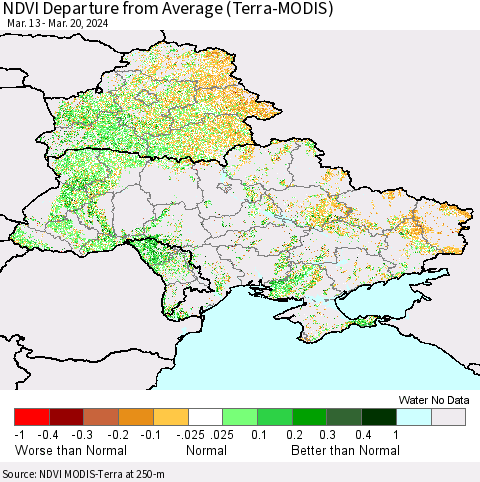 Ukraine, Moldova and Belarus NDVI Departure from Average (Terra-MODIS) Thematic Map For 3/13/2024 - 3/20/2024