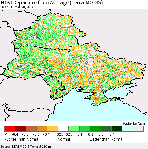 Ukraine, Moldova and Belarus NDVI Departure from Average (Terra-MODIS) Thematic Map For 3/21/2024 - 3/28/2024