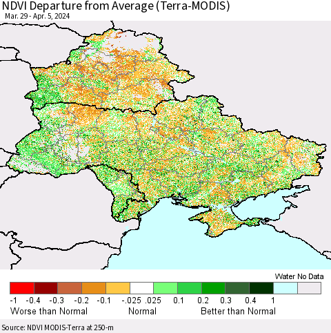 Ukraine, Moldova and Belarus NDVI Departure from Average (Terra-MODIS) Thematic Map For 3/29/2024 - 4/5/2024