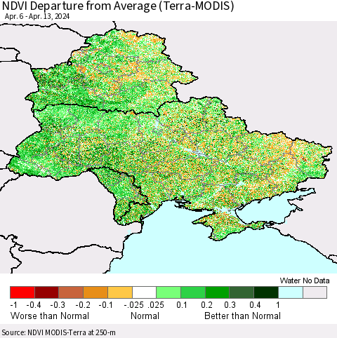Ukraine, Moldova and Belarus NDVI Departure from Average (Terra-MODIS) Thematic Map For 4/6/2024 - 4/13/2024