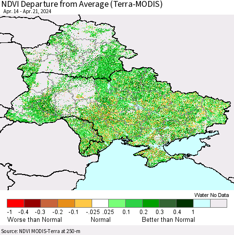 Ukraine, Moldova and Belarus NDVI Departure from Average (Terra-MODIS) Thematic Map For 4/14/2024 - 4/21/2024