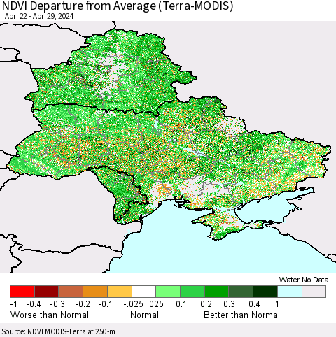 Ukraine, Moldova and Belarus NDVI Departure from Average (Terra-MODIS) Thematic Map For 4/22/2024 - 4/29/2024