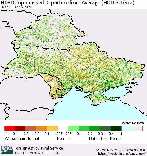 Ukraine, Moldova and Belarus Cropland NDVI Departure from Average (Terra-MODIS) Thematic Map For 4/1/2019 - 4/10/2019