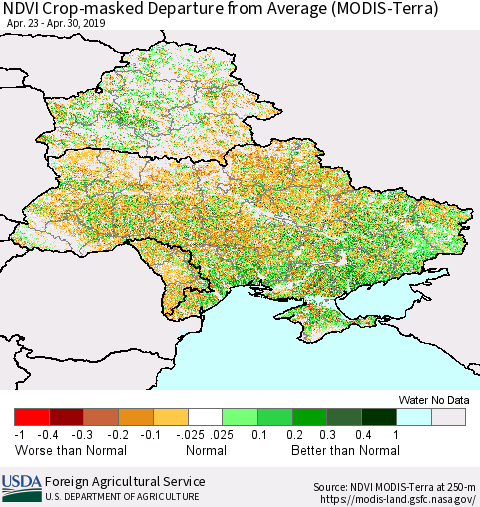 Ukraine, Moldova and Belarus Cropland NDVI Departure from Average (Terra-MODIS) Thematic Map For 4/21/2019 - 4/30/2019