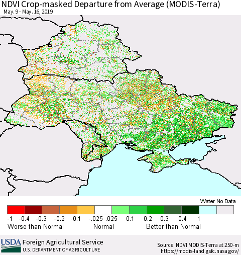 Ukraine, Moldova and Belarus Cropland NDVI Departure from Average (Terra-MODIS) Thematic Map For 5/11/2019 - 5/20/2019
