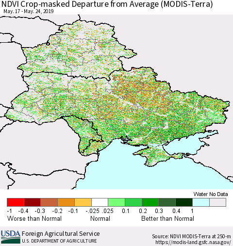 Ukraine, Moldova and Belarus Cropland NDVI Departure from Average (Terra-MODIS) Thematic Map For 5/21/2019 - 5/31/2019